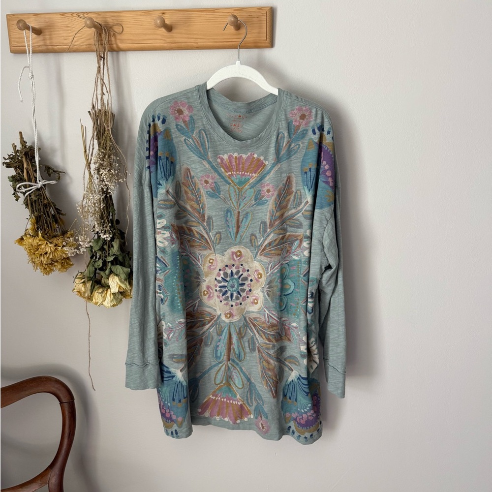 NATURAL LIFE Long Sleeve Cotton Easy Tee - Dusty Blue Floral - One Size